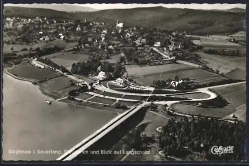 AK Sorpesee i. Sauerland, Staudamm und Blick auf Langscheid, Fliegeraufnahme