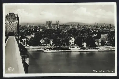 AK Worms a. Rhein, Rheinbrücke, Stadtpanorama, Dom
