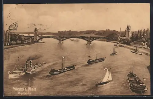 AK Worms a. Rhein, Rheinbrücke