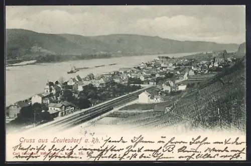 AK Leutesdorf a. Rh., Ortsansicht mit Rhein, Weinbergen und Kirche