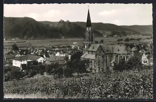 AK Rheinbrohl am Rhein, Kirche, Schloss Rheineck, Ortsansicht
