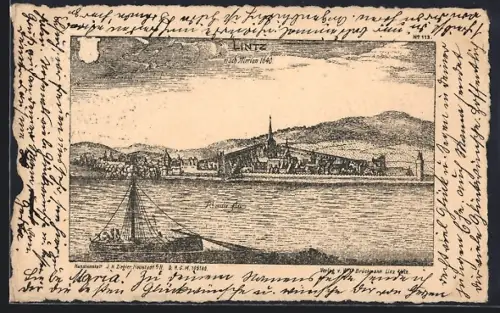Lithographie Linz /Rhein, Stadtansicht nach Merian von 1640, Rhein, Brücke
