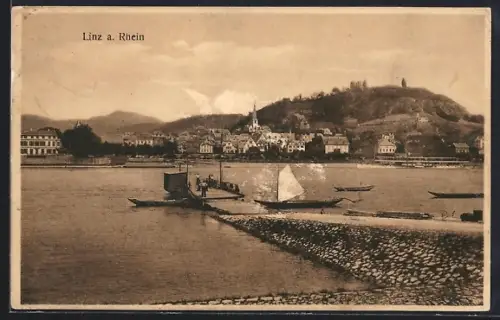 AK Linz a. Rhein, Blick auf Ort und Rhein mit Booten