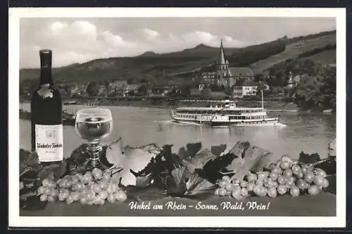 AK Unkel am Rhein, Wein, Rheinschiff, Kirche