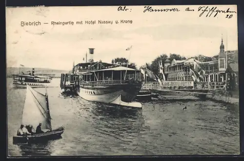 AK Biebrich / Rhein, Rheinpartie mit Hotel Nassau und Krone