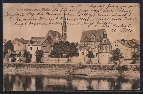 AK Niederlahnstein a. Rhein, Stadtansicht, Kirche, Wirtshaus an der Lahn