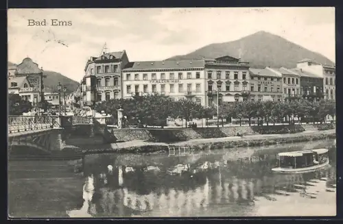 AK Bad Ems, Hotel Pfälzerhof, Uferpromenade, Flussansicht