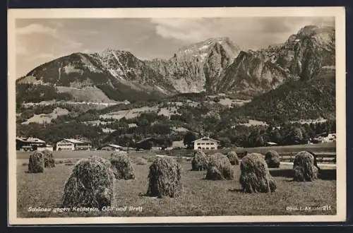 AK Schönau / Königssee, Ortsansicht mit Kehlstein, Göll, Brett, Berglandschaft mit Heuschobern