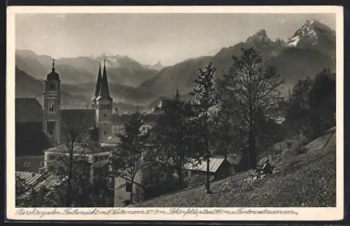 AK Berchtesgaden, Teilansicht mit Watzmann, Stiftskirche, Franziskanerkirche