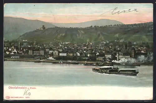 AK Oberlahnstein a. Rhein, Stadtansicht mit Dampfschiff und Burg