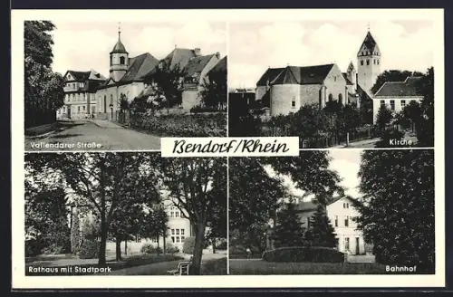 AK Bendorf /Rhein, Vallendarer Strasse, Kirche, Rathaus mit Stadtpark, Bahnhof