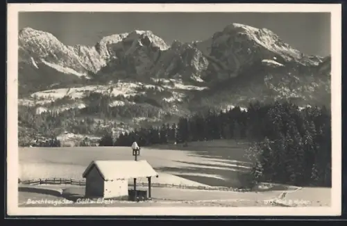 AK Berchtesgaden, Göll und Brett, Winterlandschaft mit Kapelle