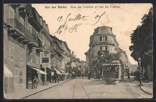 AK Aix les Bains, Rue de Genève et rue de Casino avec tramway