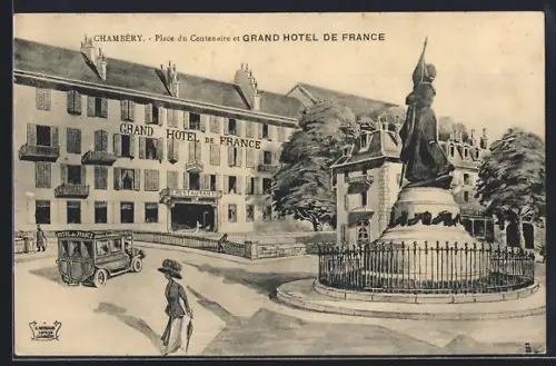 Künstler-AK Chambéry, Place du Centenaire et Grand Hôtel de France avec statue centrale