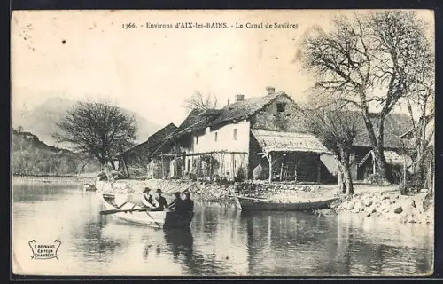 AK Aix-les-Bains, Le Canal de Savières avec barques et maisons au bord de l`eau