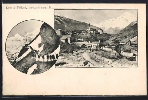 AK Lans-le-Villard, Vue du village avec montagnes enneigées et groupe en randonnée alpine