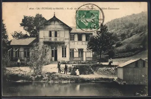 AK La Léchère-les-Bains, N.-D. de Briancon et Hôtel-Restaurant au bord de la rivière