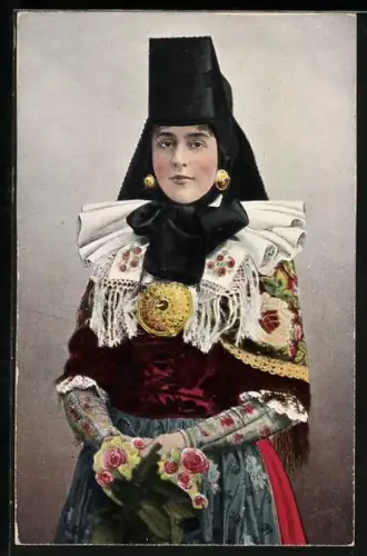 AK Tracht Schaumburg-Lippe, Junge Frau mit Blumenstrauss
