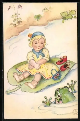 Künstler-AK kleines Mädchen fährt auf einem Blatt den Fluss hinunter, Frosch