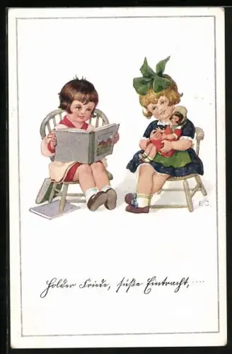 AK Goldner Friede..., Kleine Mädchen mit Puppe und Bilderbuch