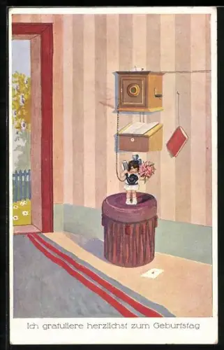 AK Puppe am Telefon mit Blumen