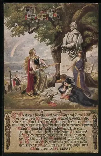 AK Germania vor einem Denkmal Bismarcks