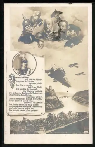 AK Militärzug über Rheinbrücke, Zeppelin, Friedrich Wilhelm III. von Preussen