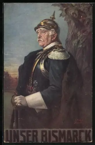 AK Unser Bismarck lehnt in Uniform an deutscher Eiche