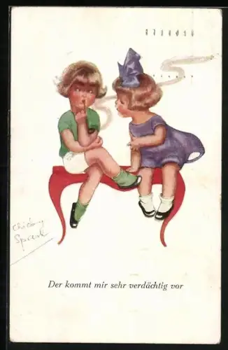Künstler-AK Chicky Spark: Der kommt mir sehr verdächtig vor, kleines Paar raucht Pfeife