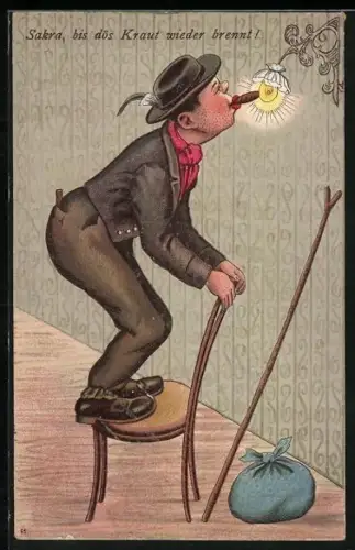 AK Sakra, bis dös Kraut wieder brennt!, Scherzbold entzündet Zigarre an Glühbirne