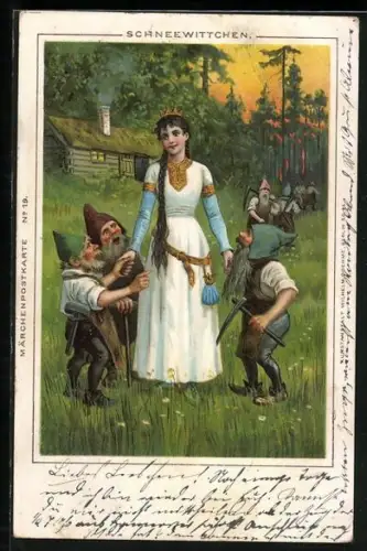 Lithographie Schneewittchen und die 7 Zwerge