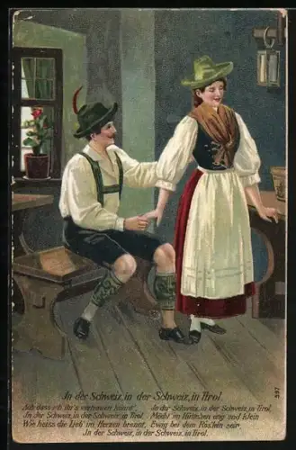 Lithographie In der Schweiz, in der Schweiz, in Tirol, Paar in Volkstracht auf der Hütte
