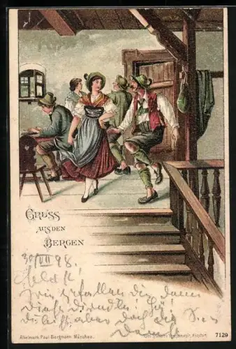 Lithographie Dielentanz in den Bergen, Trachtenpaare und Zitherspieler