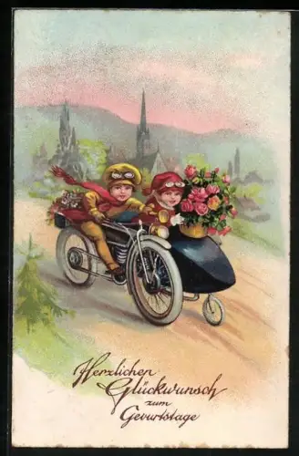 AK Kinder fahren mit einem Motorrad mit Beisitzer, Herzlichen Glückwunsch zum Geburtstage