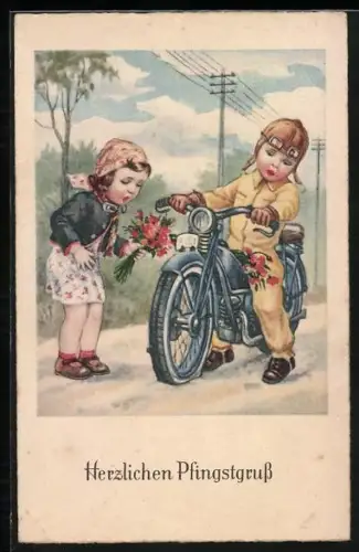 AK Kleine Pfingstbesucher haben eine Motorrad-Panne, Pfingstgruss