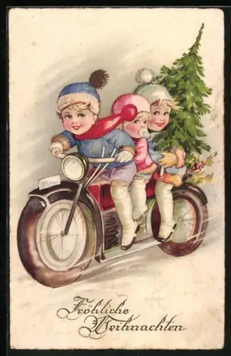 AK Kinder mit Weihnachtsbaum auf Motorrad