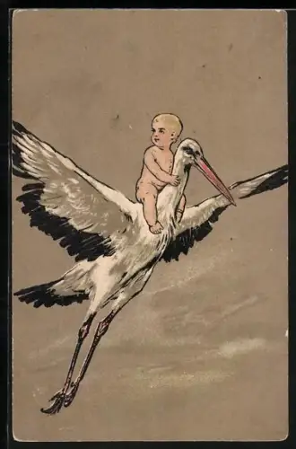 Künstler-AK Storch mit Baby beim Flug