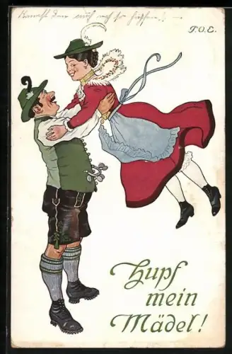 Künstler-AK P.O.Engelhard (P.O.E.): Tanzendes Pärchen in Tracht, Mann hebt die Frau in die Luft