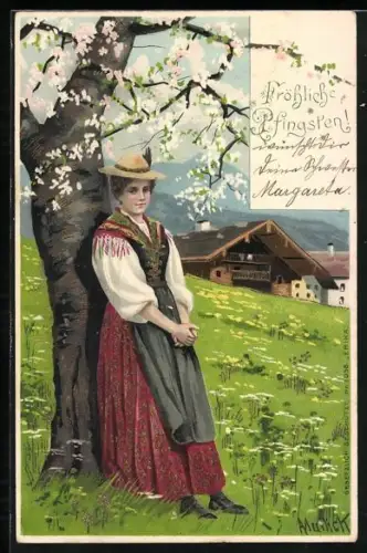 Künstler-AK Alfred Mailick: Trachtendame unter einem blühenden Baum, Pfingstgruss
