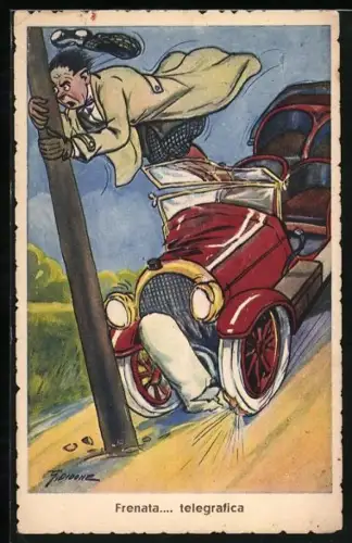 Künstler-AK Autofahrer prallt beim Unfall gegen einen Masten