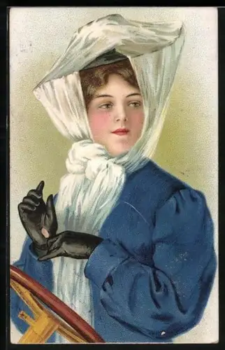 AK Dame mit Tuch und Handschuhen, Jugendstil