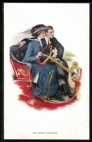 Künstler-AK Clarence F.Underwood: His latest Chauffeur, Frau sitzt am Lenkrad des Autos
