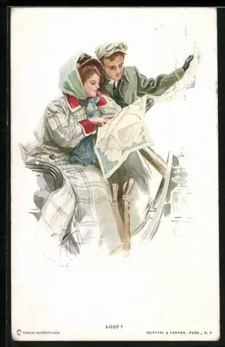 Künstler-AK Harrison Fisher: Ehepaar im Auto muss auf die Landkarte schauen