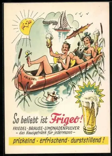 AK Junges Paar in einem Kanu, Reklame für Frigeo`s Friedel-Brause-Limonadenpulver