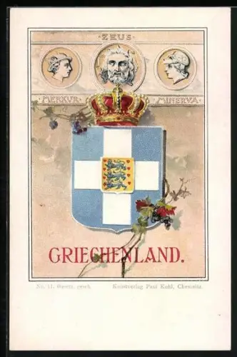 AK Griechenland, Wappen mit Krone, Zeus, Merkur und Minerva
