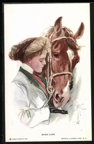 Künstler-AK Harrison Fisher: Dumb Luck, junge Dame füttert Pferd