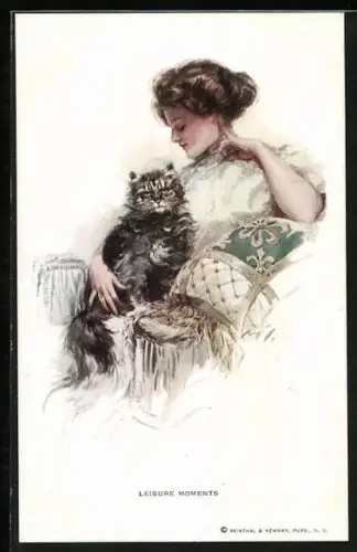 Künstler-AK Harrison Fisher: Leisure Moments, Frau mit einer Katze