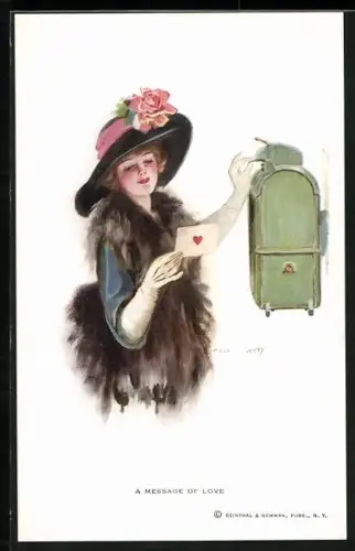 Künstler-AK F. Earl Christy: A Message of Love, Dame mit Blumenhut empfängt einen Liebesbrief