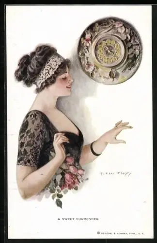Künstler-AK F. Earl Christy: A sweet Surrender, junge Dame mit Ring und Wanduhr