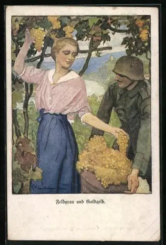 Künstler-AK Ernst Heilemann: Feldgrau und Goldgelb, Soldat hilft Weinpflückerin